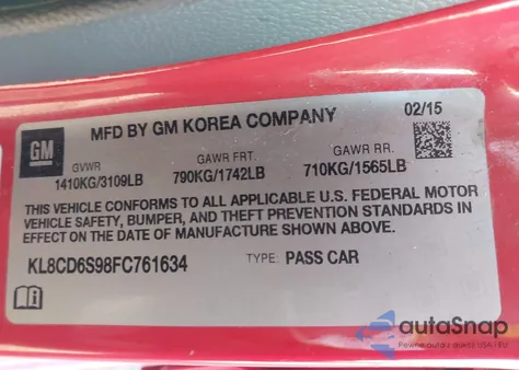 2015 Chevrolet Spark 1Lt Cvt z USA, uszkodzony, nr VIN KL8CD6S98FC761634